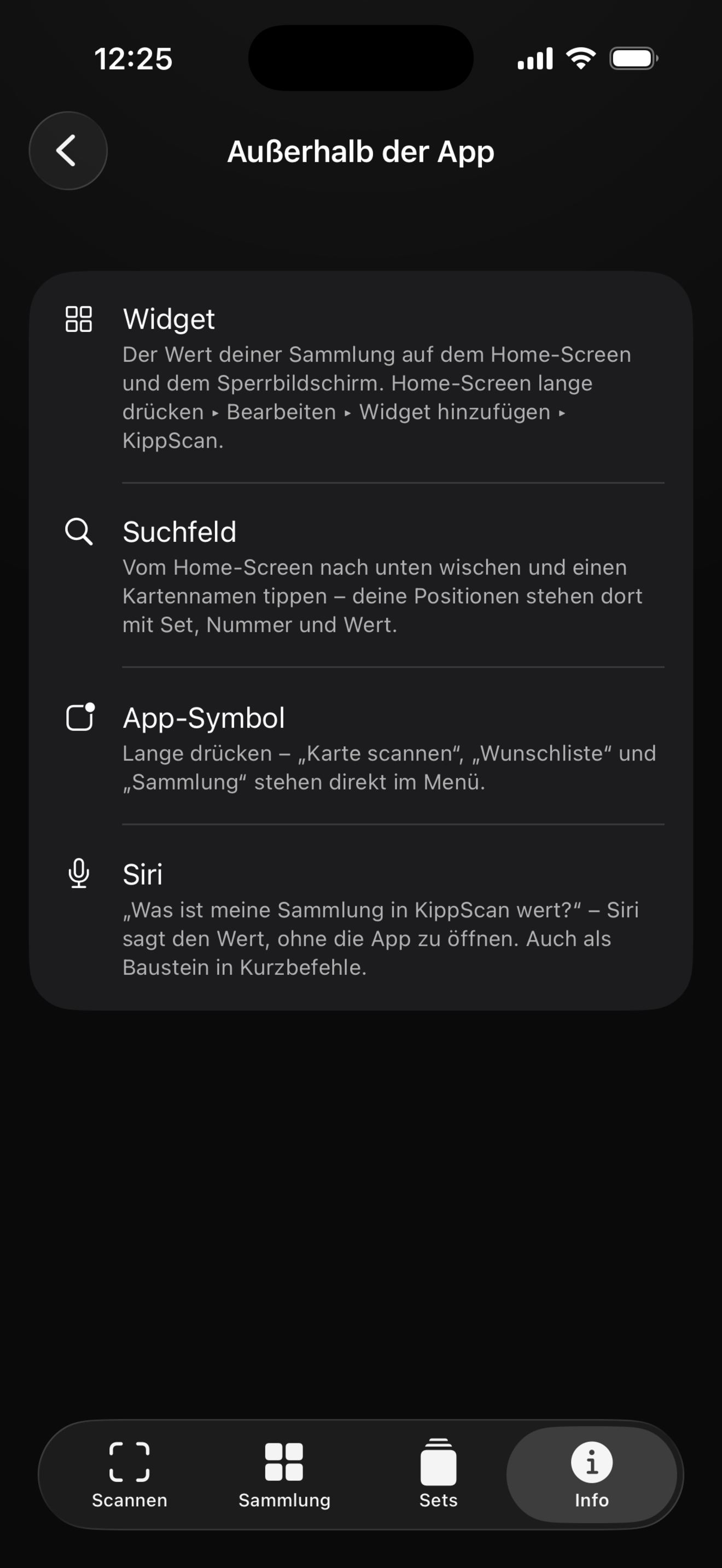 Außerhalb der App: Widget, Suchfeld, App-Symbol, Siri – je mit Erklärung.