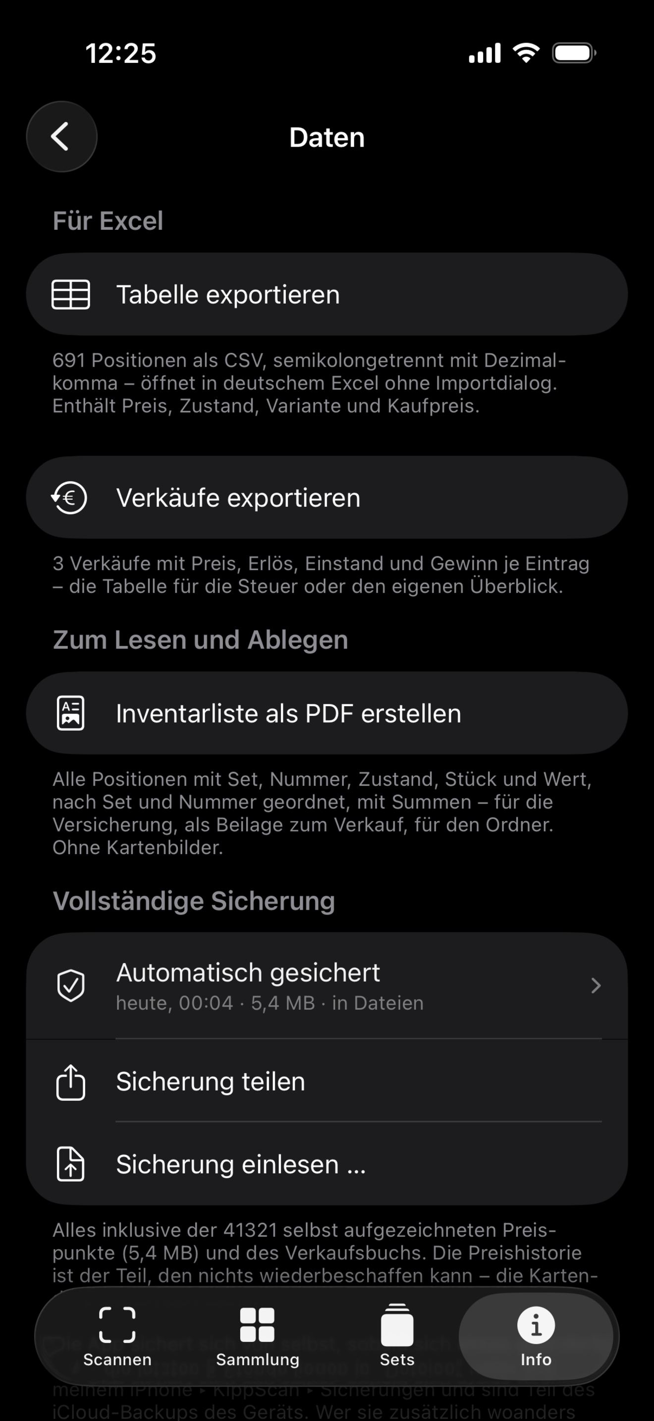 Daten: Tabelle exportieren, Verkäufe exportieren, Inventarliste als PDF, automatisch gesichert heute 00:04, 5,4 MB.