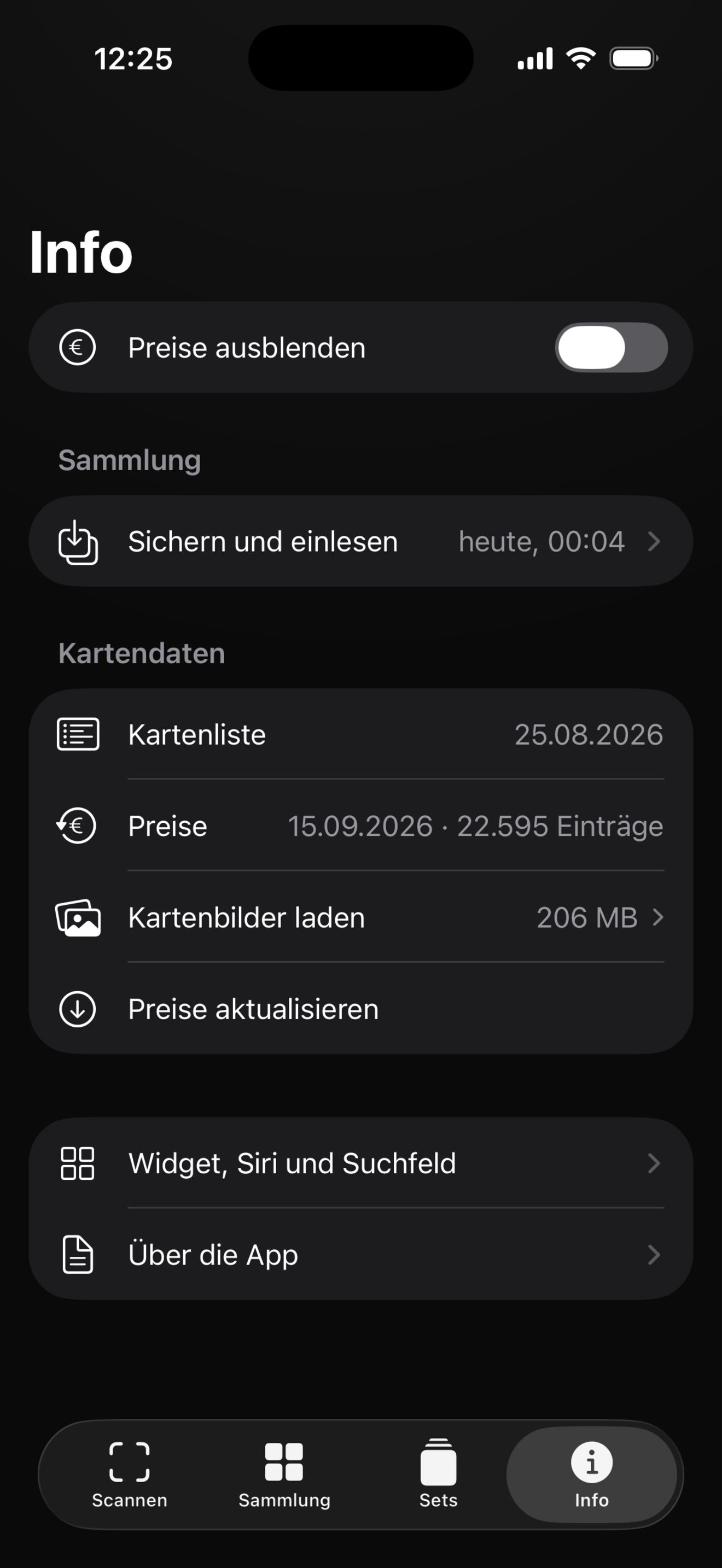 Info: Preise ausblenden, Sichern und einlesen, Kartenliste 25.08.2026, Preise 15.09.2026 mit 22.595 Einträgen, Kartenbilder laden 206 MB.