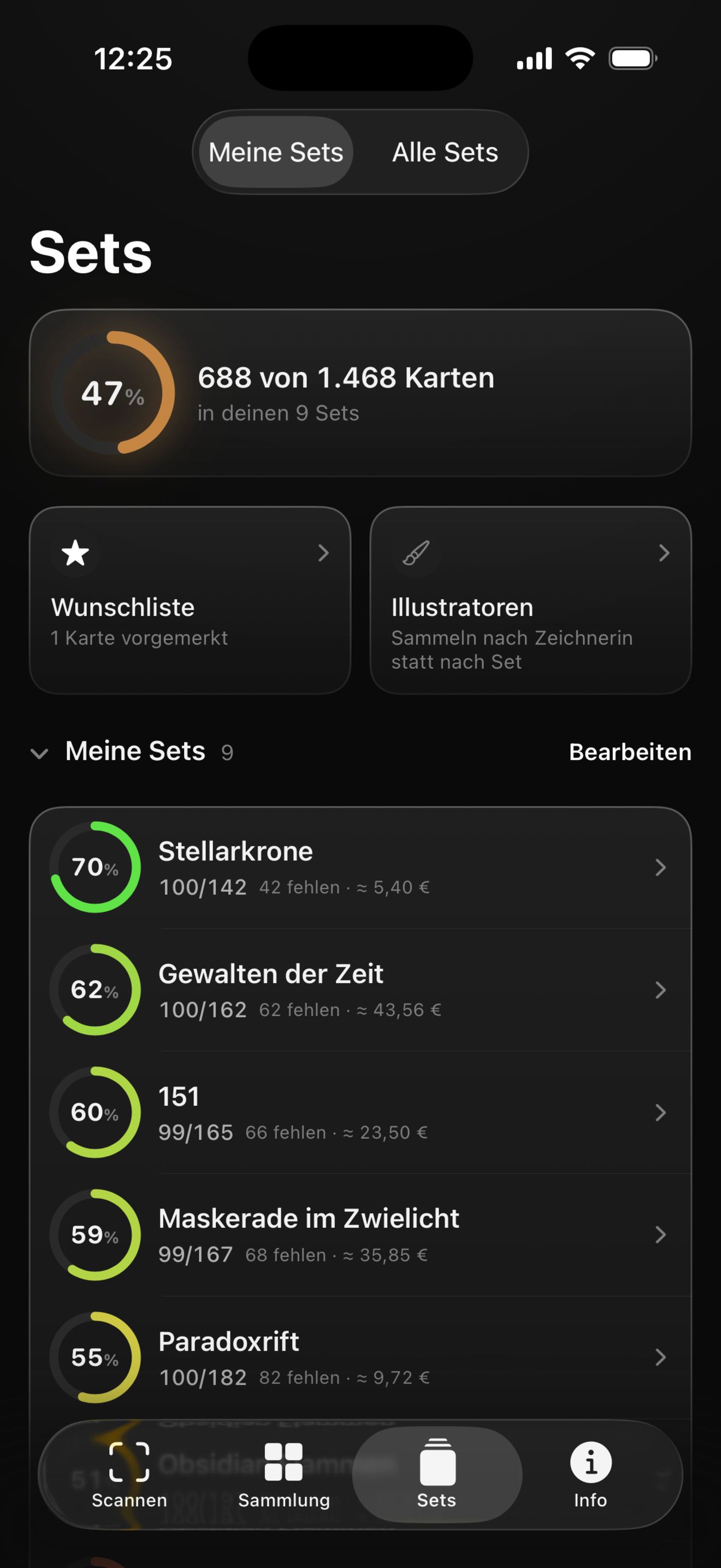 Sets-Reiter in KippScan: 688 von 1.468 Karten in 9 Sets, darunter Stellarkrone mit 70 % und „42 fehlen · ≈ 5,40 €“.