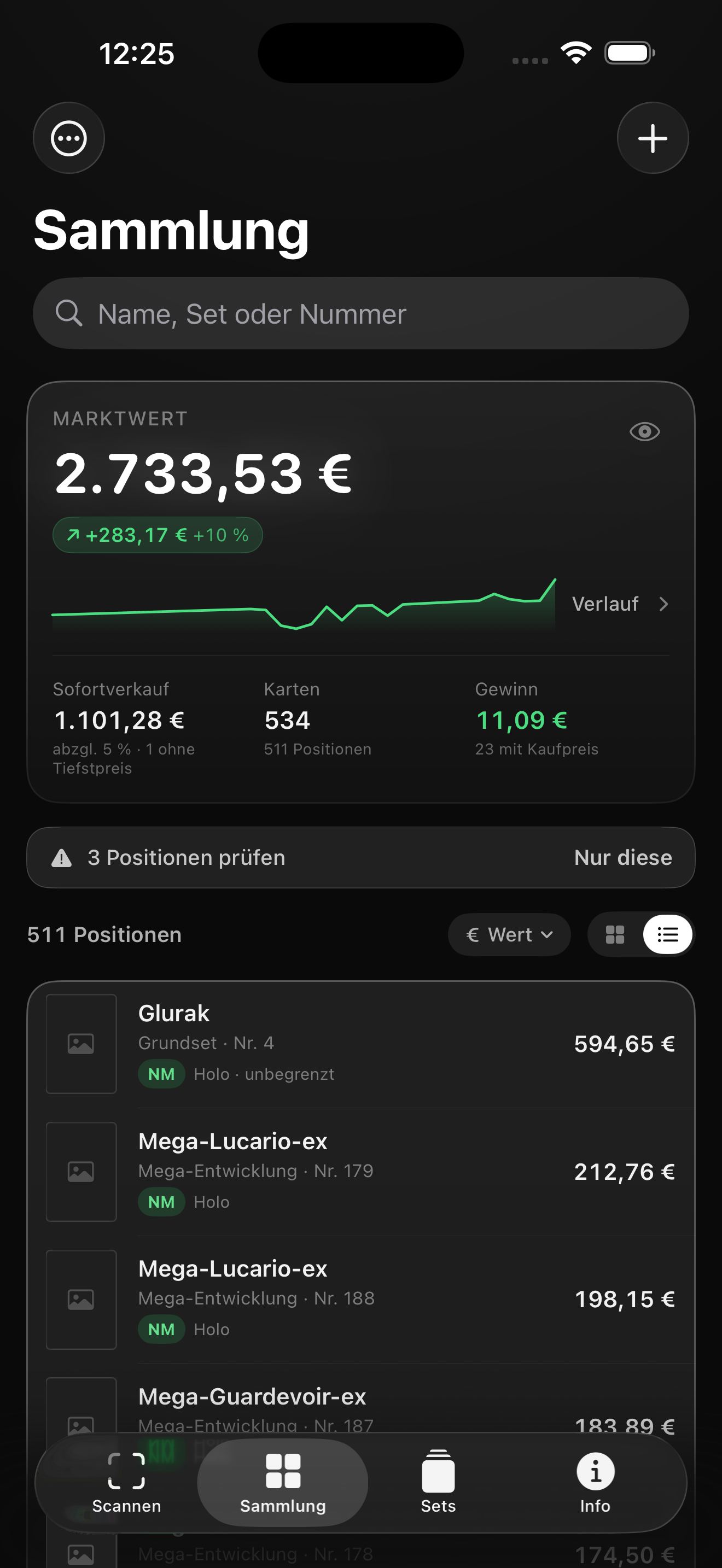 Sammlung in KippScan: Marktwert 2.733,53 €, Verlaufskurve, Sofortverkauf 1.101,28 €, 534 Karten in 511 Positionen, darunter Glurak aus dem Grundset mit 594,65 €.
