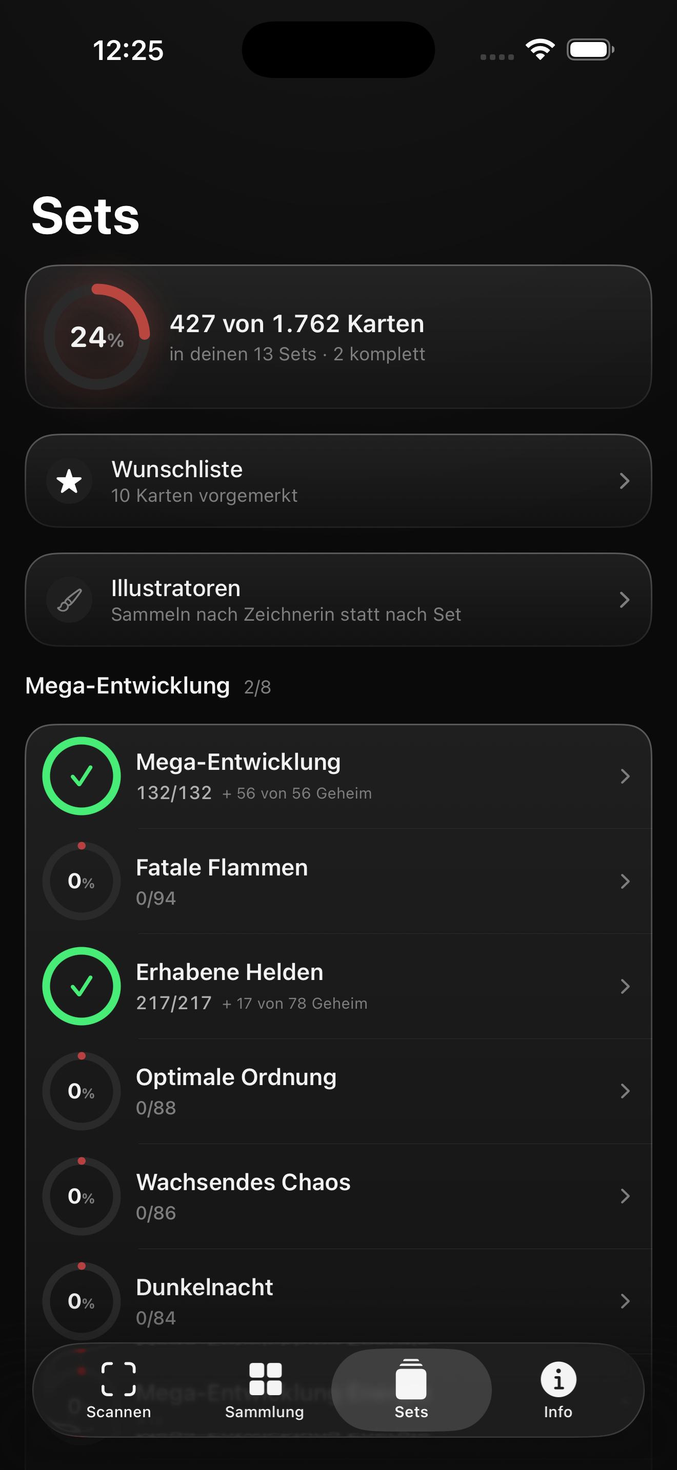 Sets: 24 %, 427 von 1.762 Karten in 13 Sets, 2 komplett, darunter Mega-Entwicklung 132/132 und Erhabene Helden 217/217.